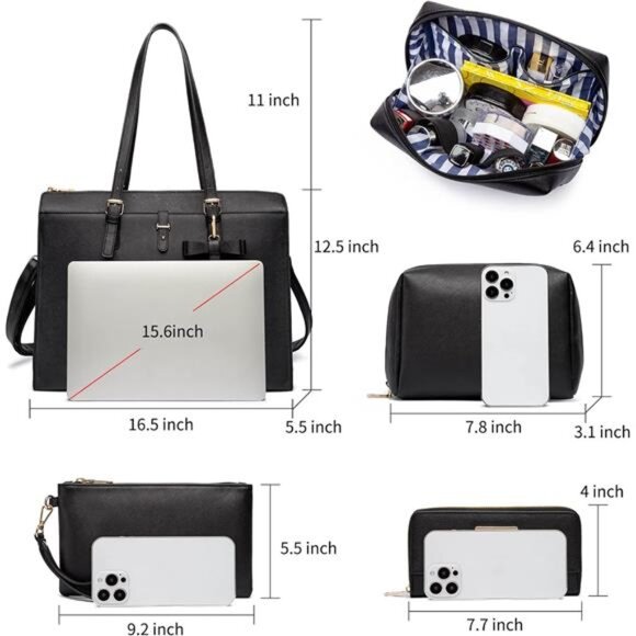 Keyli 4pc Sets Laptop Bag for Women Large Leather Laptop Briefcase with USB - Picture 3 of 7